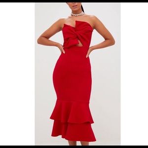Red scuba bow frill hem dress